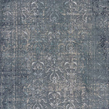 10' X 13' Blue Silver Gray And Cream Damask Distressed Stain Resistant Area Rug