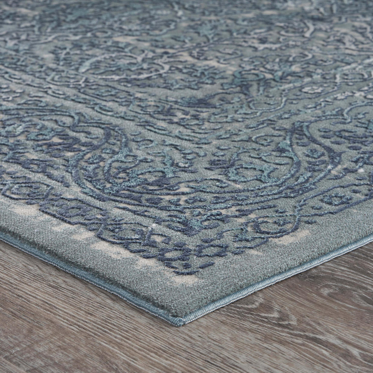 10' X 13' Blue Silver Gray And Cream Damask Distressed Stain Resistant Area Rug