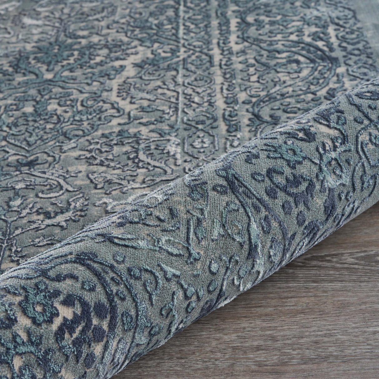 10' X 13' Blue Silver Gray And Cream Damask Distressed Stain Resistant Area Rug