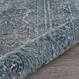 10' X 13' Blue Silver Gray And Cream Damask Distressed Stain Resistant Area Rug