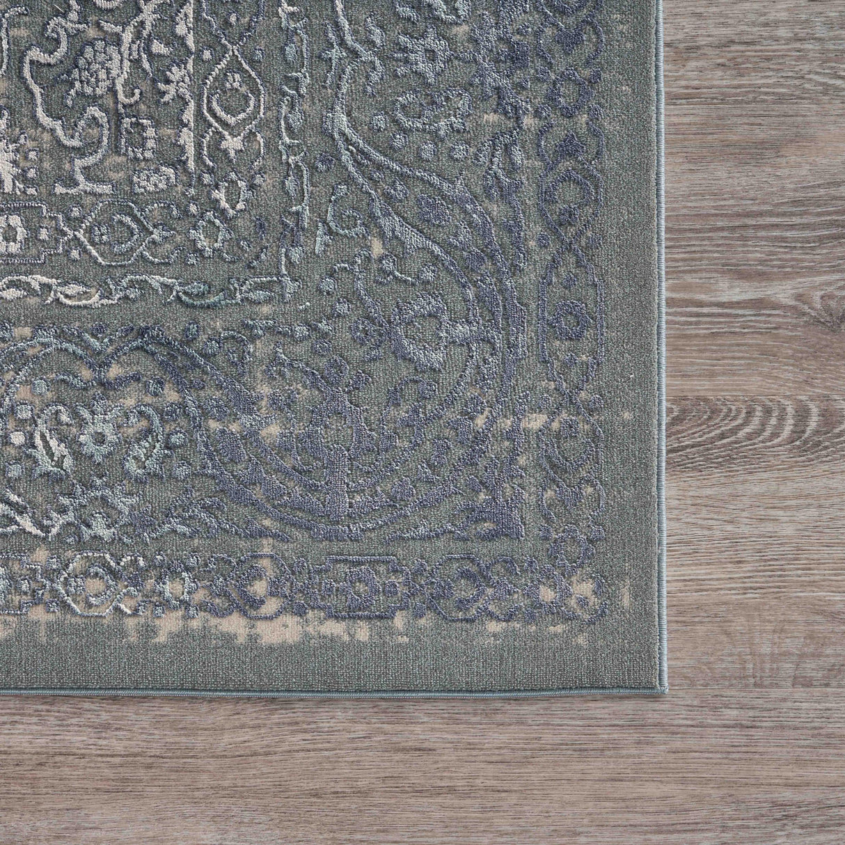 10' X 13' Blue Silver Gray And Cream Damask Distressed Stain Resistant Area Rug