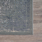 10' X 13' Blue Silver Gray And Cream Damask Distressed Stain Resistant Area Rug