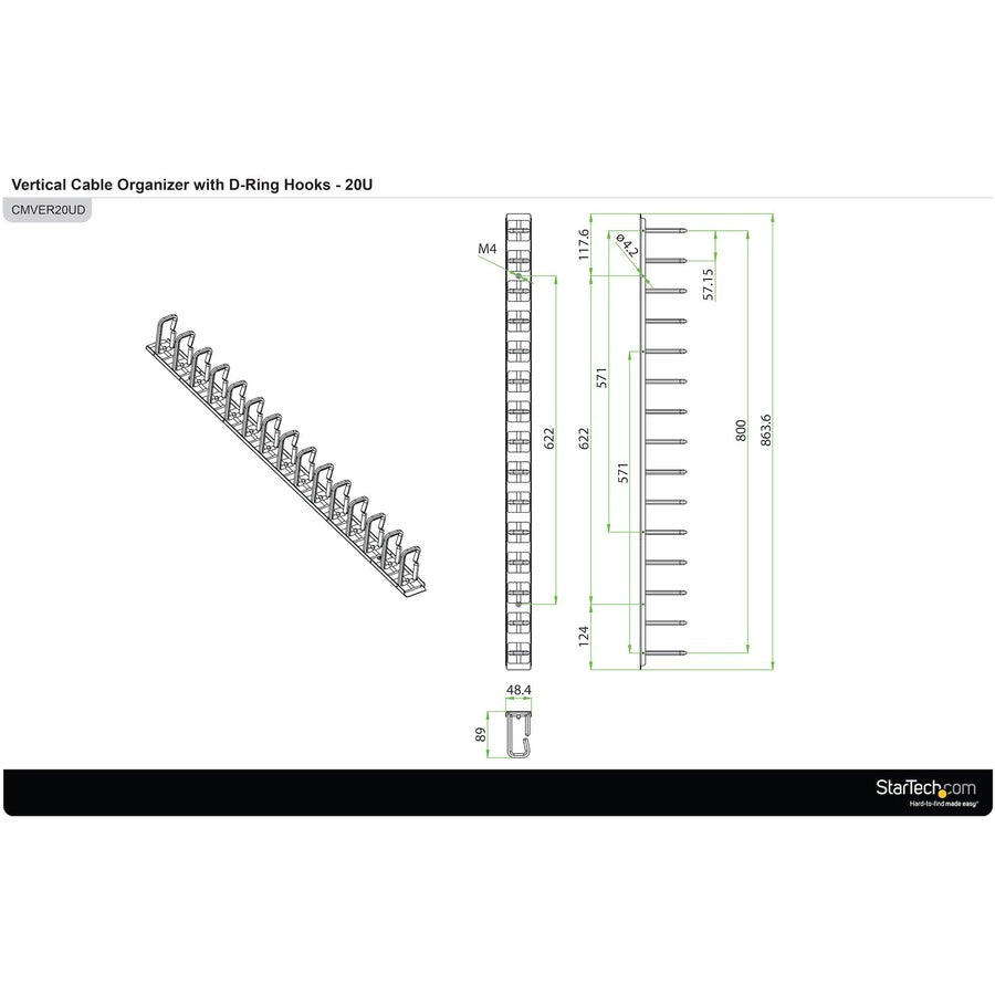 StarTech.com Vertical Cable Organizer with D-Ring Hooks - Vertical Cable Management Panel - 0U - 2.8ft.