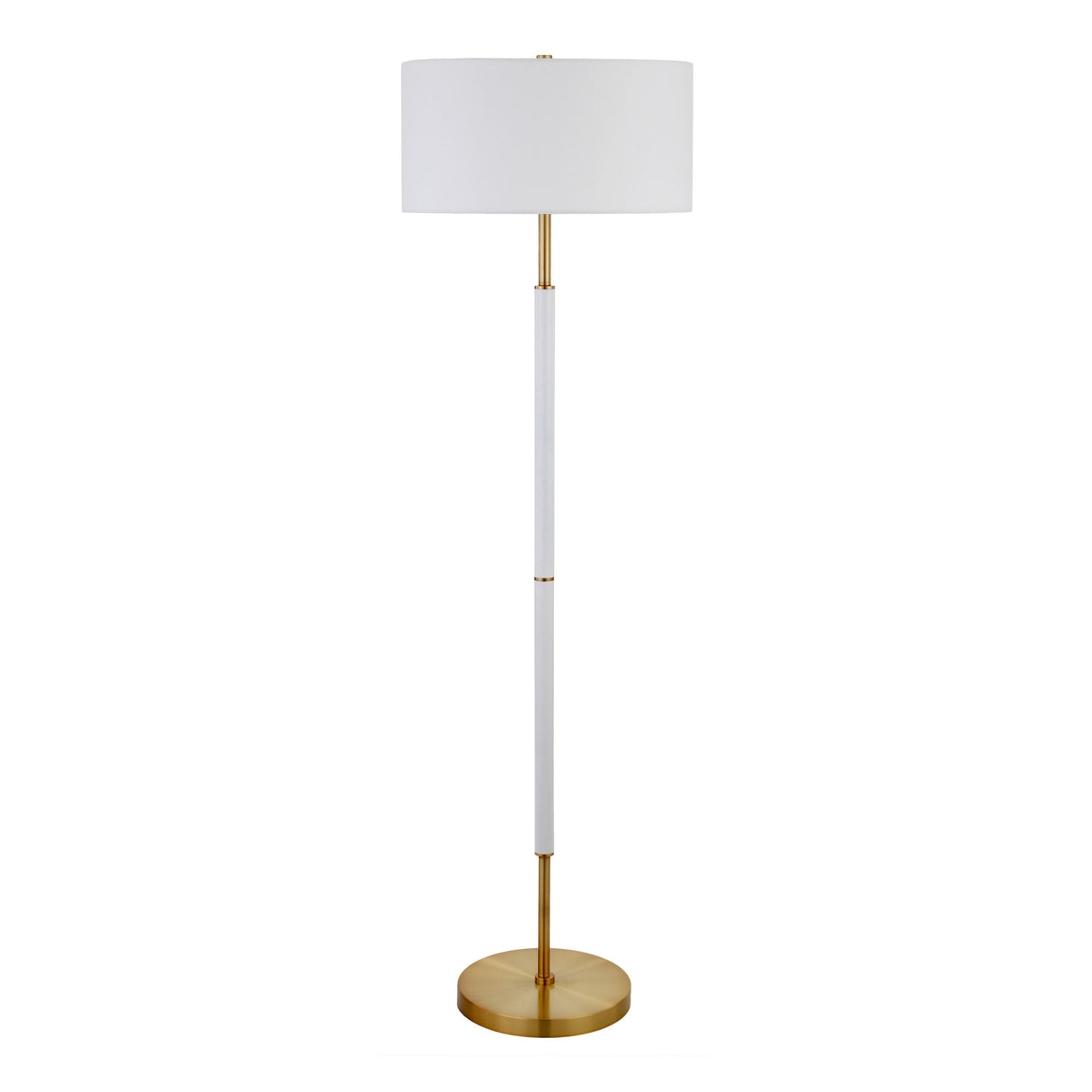 61" Brass Two Light Traditional Shaped Floor Lamp With White Frosted Glass Drum Shade