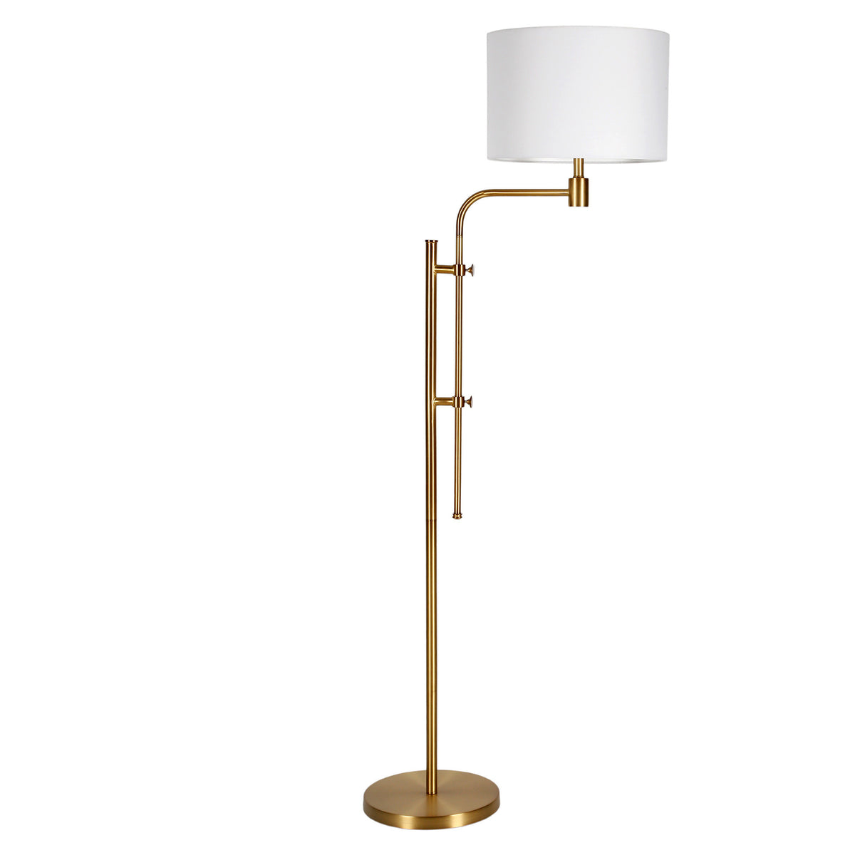 71" Brass Adjustable Traditional Shaped Floor Lamp With White Frosted Glass Drum Shade