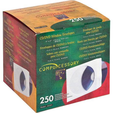 Compucessory CD/DVD Window Envelopes, 26501, 5" X 5", 250/Box, White