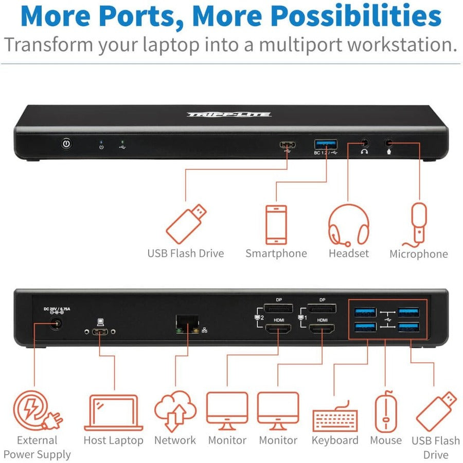 Tripp Lite USB-C Dock Dual Display 5K 60 Hz DP 4K 60 Hz HDMI USB 3.2 Gen 1 USB-A/C Hub GbE 85W PD Charging