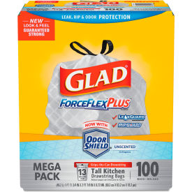 Glad® ForceFlex Tall Kitchen Drawstring Trash Bags - White 13 Gal 0.9 Mil 100/Box - 70427