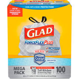 Glad® ForceFlex Tall Kitchen Drawstring Trash Bags - White 13 Gal 0.9 Mil 100/Box - 70427