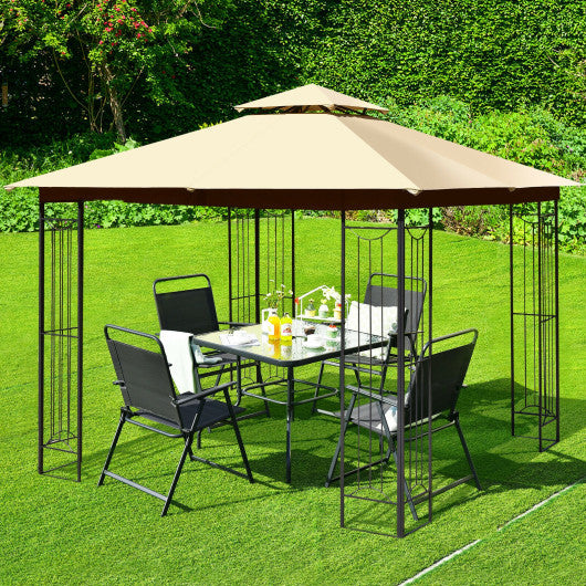 10 x 10 Feet L-Shaped Patio Canopy Gazebo Outdoor 2-Tier Steel Tent-Beige