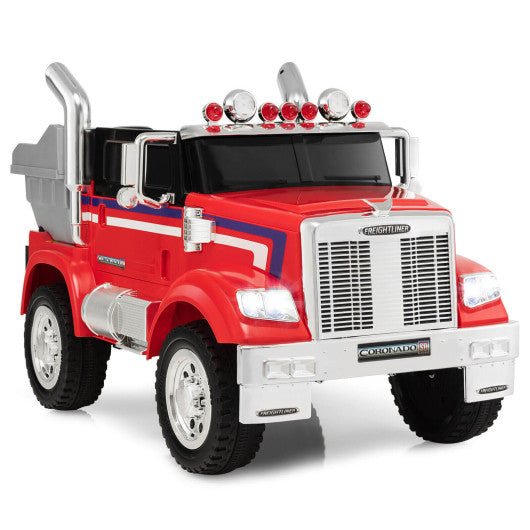 12V Licensed Freightliner Kids Ride On Truck Car with Dump Box and Lights -Red