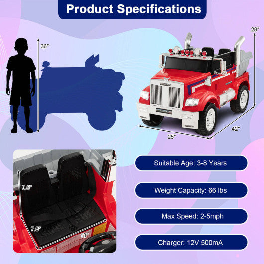12V Licensed Freightliner Kids Ride On Truck Car with Dump Box and Lights -Red