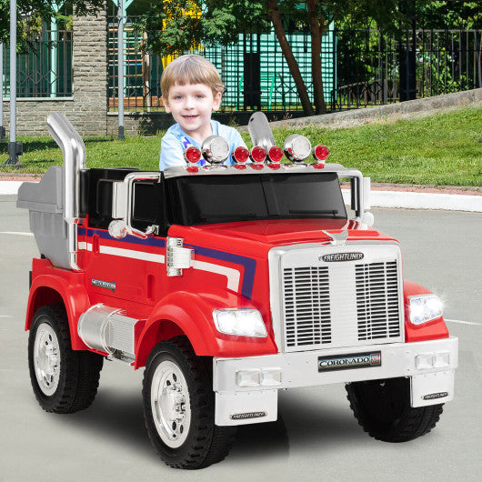 12V Licensed Freightliner Kids Ride On Truck Car with Dump Box and Lights -Red