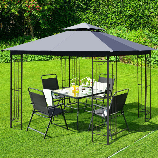 10 x 10 Feet L-Shaped Patio Canopy Gazebo Outdoor 2-Tier Steel Tent-Gray