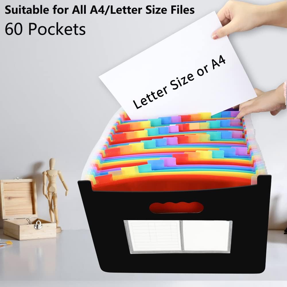 60 Pockets Accordion File Organizer, Large Expanding File Folder Organizer with Blank Labels, Letter/A4 Size Expandable Plastic Accordian Bill Organizer for Receipt, Tax, Legal, Paper Filing