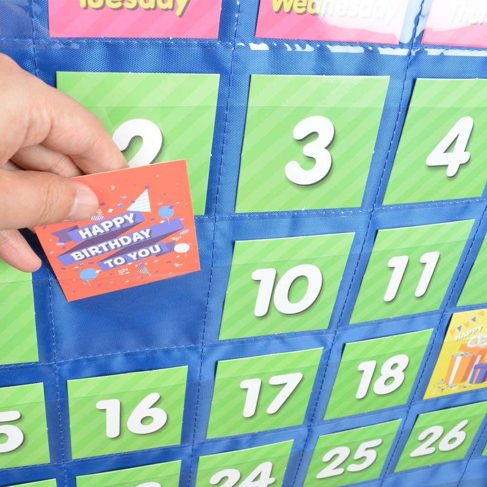Classroom Monthly Calendar Pocket Chart with 71 Cards for Kids Learning for Home,Blue