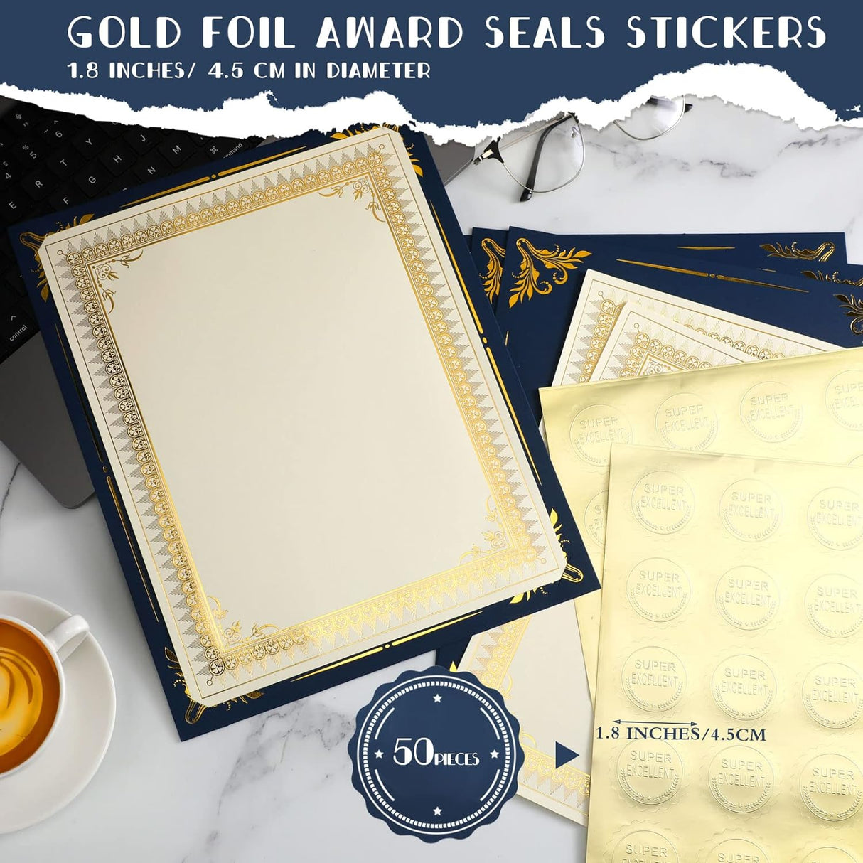 50 Sets Certificate Kit Includes 50 Pcs 9.5 X 12 Inch Certificate Holders 50 Pcs Letter Size Certificate Papers 50 Pcs Gold Foil Award Seals Diploma Covers for Appreciation (Navy Blue, Gold)