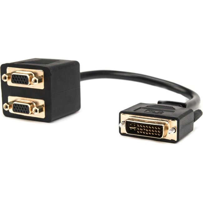 Rocstor Premium 1 ft DVI-I Analog to 2 x VGA Video Splitter Cable - M/F - DVI-I (Single-Link) Male Video - HD-15 Female VGA - 1ft - Black - DVI Cable to 2 x VGA Y Cable M/F