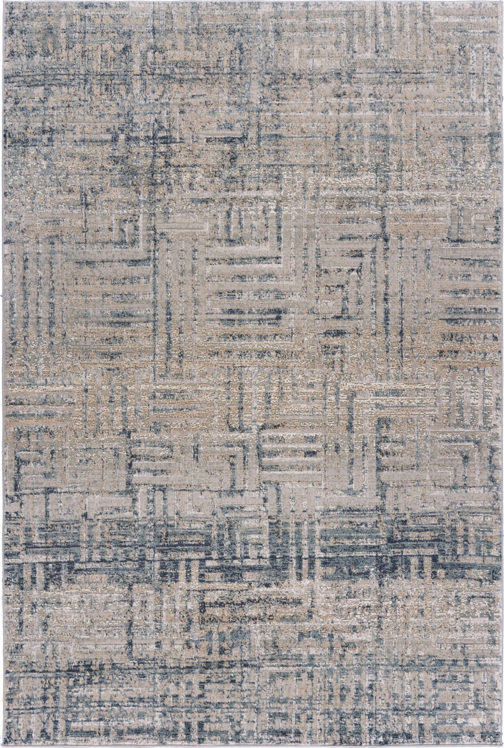 10' X 13' Cream Blue And Ivory Geometric Distressed Stain Resistant Area Rug