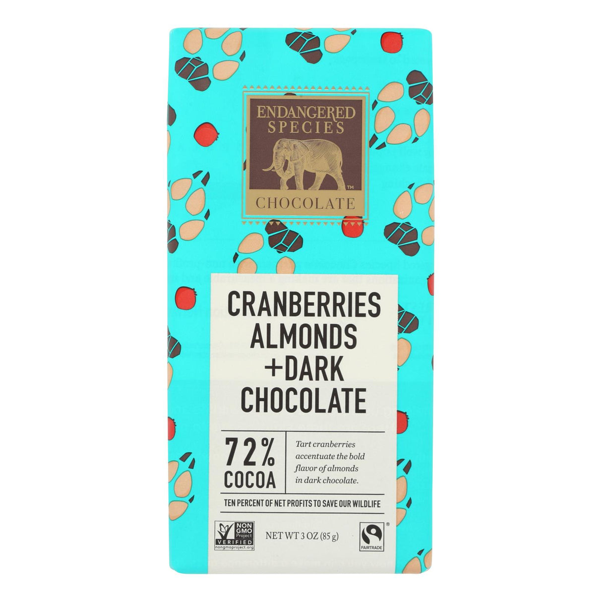 Endangered Species Natural Chocolate Bars - Dark Chocolate - 72 Percent Cocoa - Cranberries And Almonds - 3 Oz Bars - Case Of 12